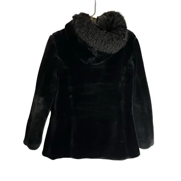 Susan Graver Black Reversible Coat Jacket Faux Fur Satin Hood S Small - Picture 8 of 13